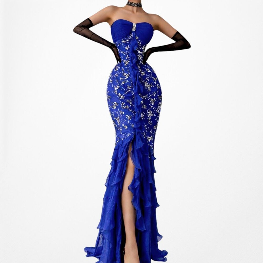 Vintage Blue Strapless Floral Beaded Silk Ruffle Asymmetric Prom Dress Size XS